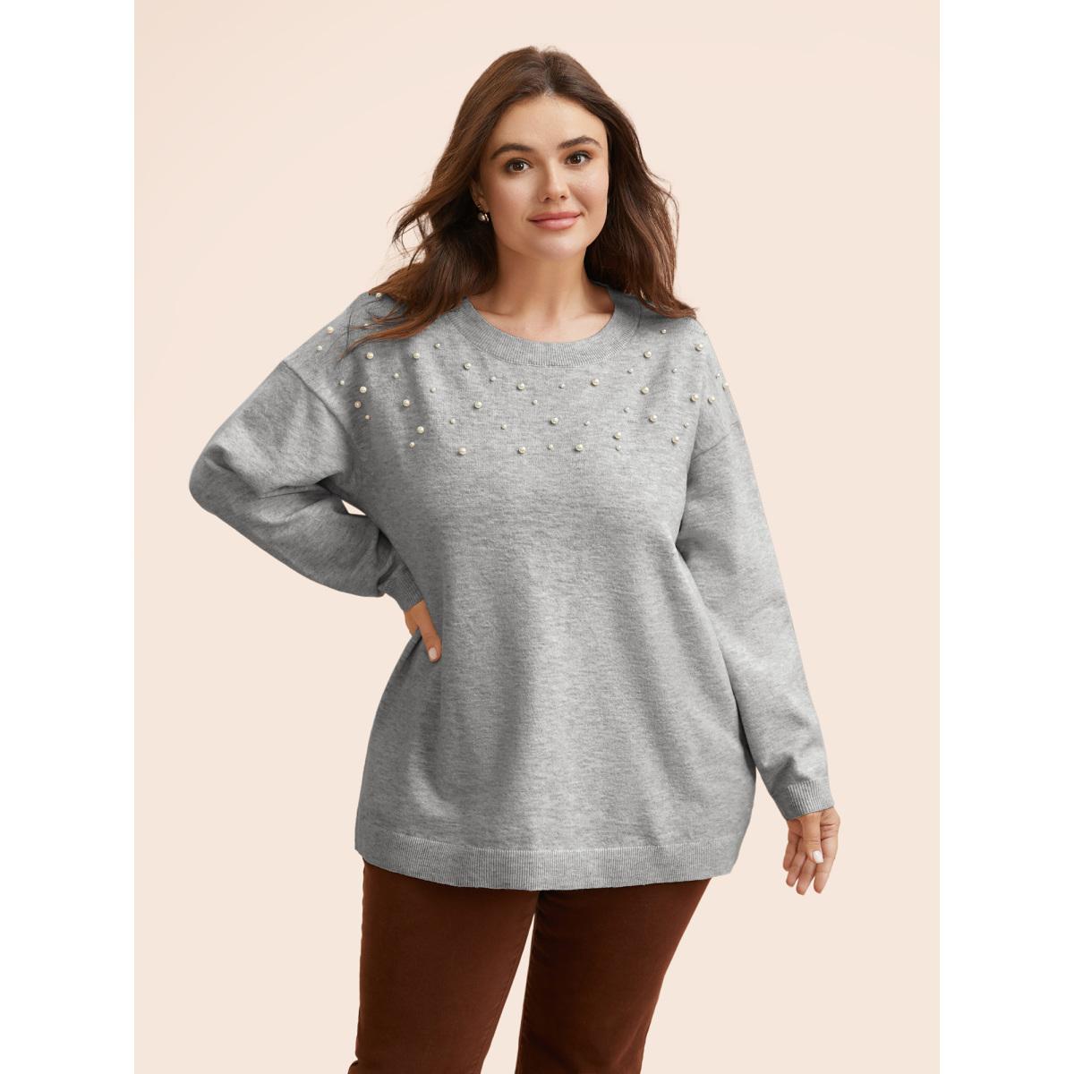 Plus Size Round Neck Pearl Beaded Pullover LightGray Women Leisure Long Sleeve Round Neck Casual Pullovers BloomChic 18-20/2X Product Image