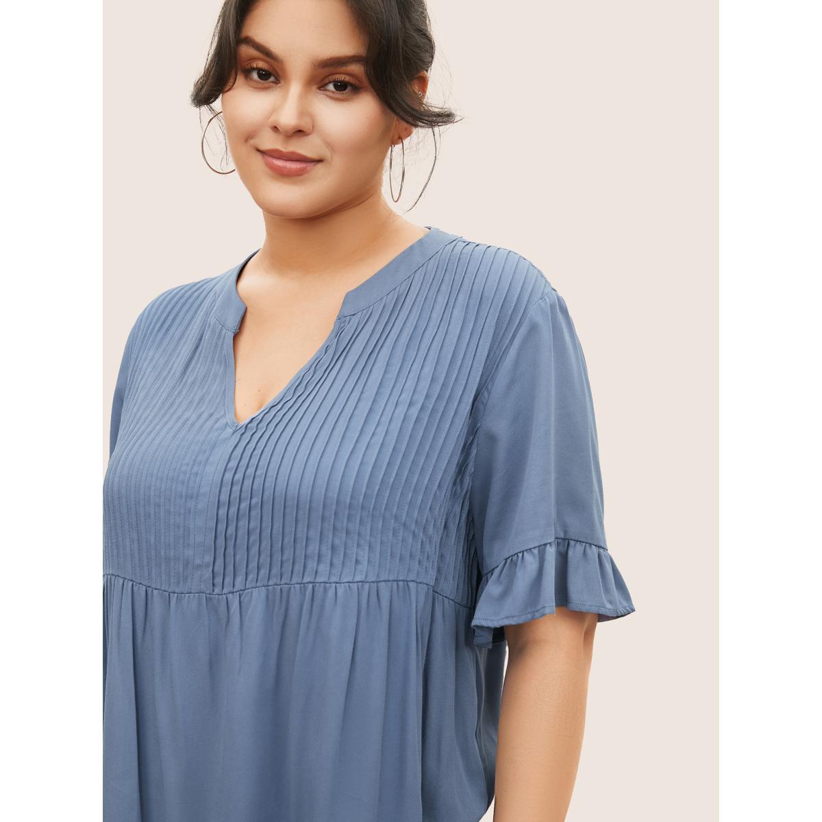 Plus Size Stone Rayon Solid Pleated Patchwork Ruffles Blouse Women Casual Half Sleeve Flat collar Everyday Blouses BloomChic 14-16/1X Product Image