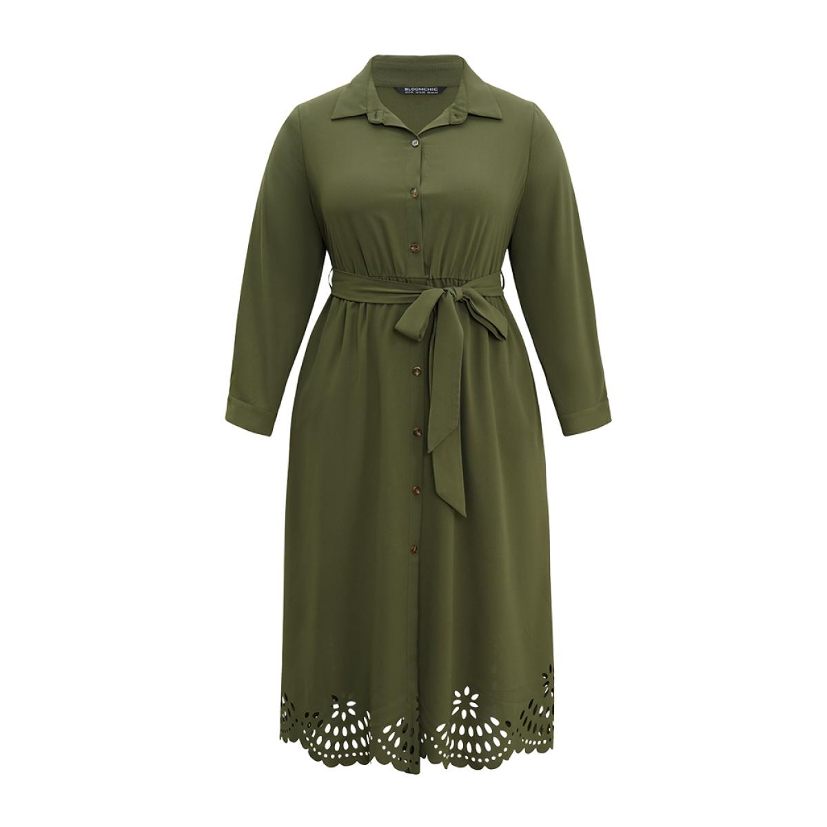 Plus Size Plain Laser Cut Button Through Belted Dress ArmyGreen Women Office Plain Shirt collar Long Sleeve Curvy Midi Dress BloomChic 30/6X Product Image