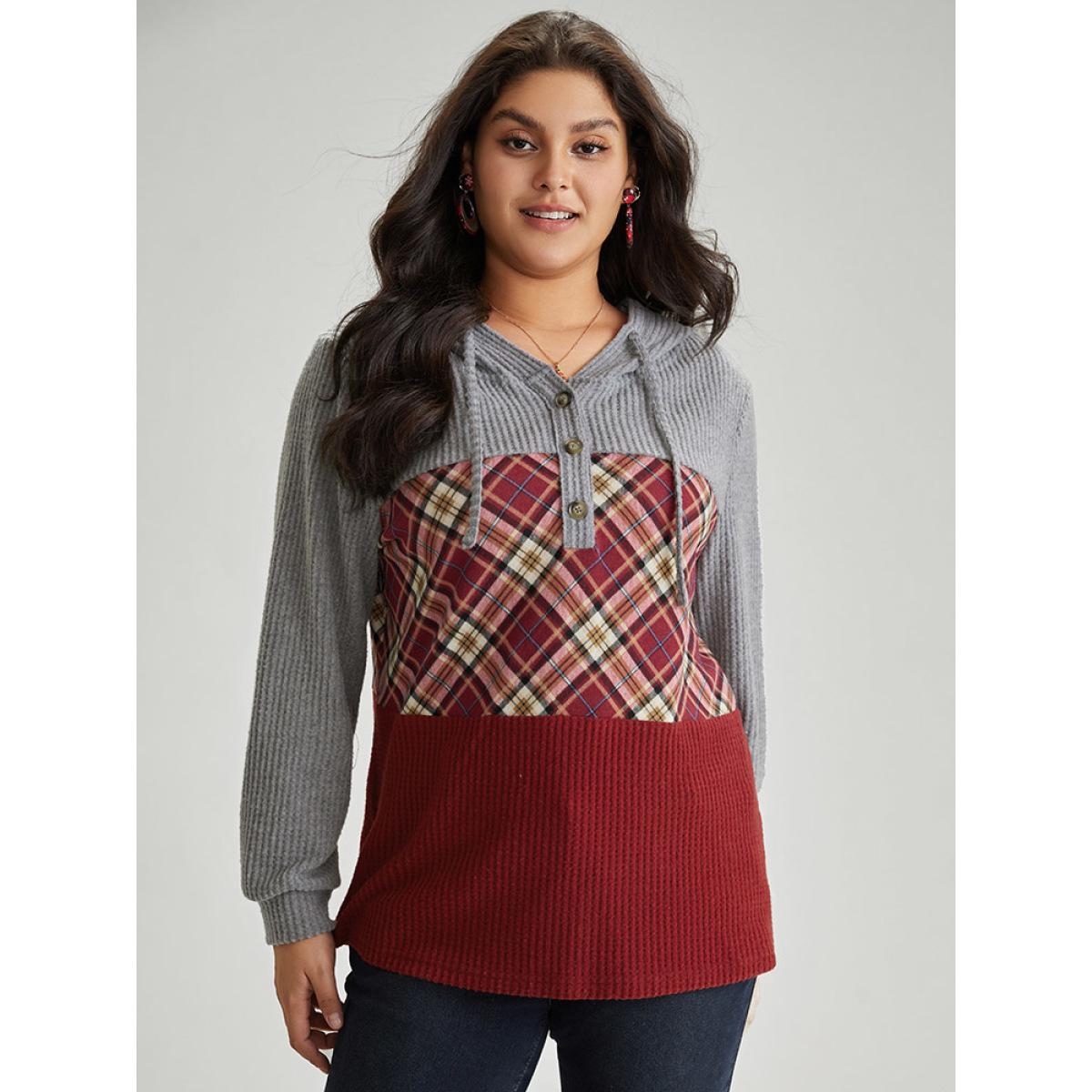 Plus Size Plaid Patchwork Textured Hooded Contrast Sweatshirt Women Red Casual Waffle Knit Hooded Festival-Christmas Sweatshirts BloomChic 14-16/1X Product Image