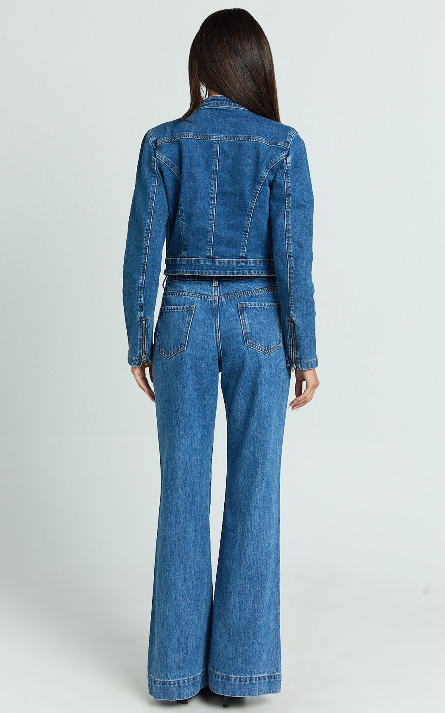 Pamela Jacket - Denim Biker Detail Long Sleeve Jacket in Dark Blue Wash Product Image