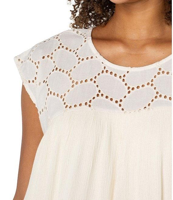 Liverpool Los Angeles Mixed-Media Oval Eyelet Scoop Neck Cap Sleeve Blouse Product Image