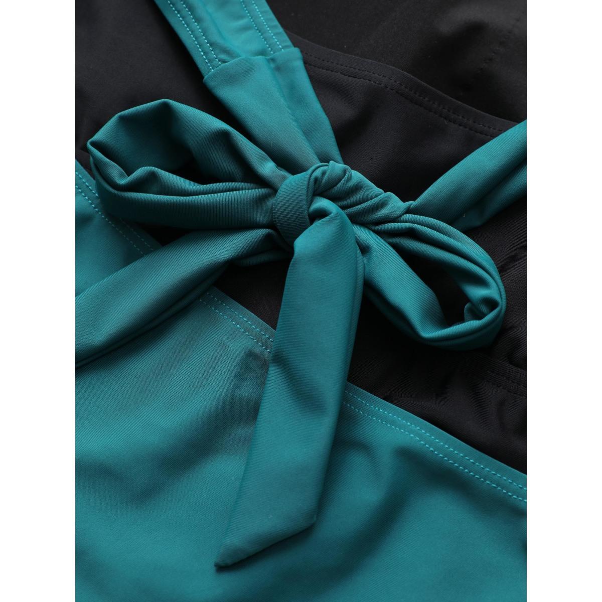 Plus Size Contrast Halter Bowknot Patchwork One Piece Swimsuit Women's Swimwear Teal Beach Non Curve Bathing Suits High stretch One Pieces BloomChic 12/L Product Image