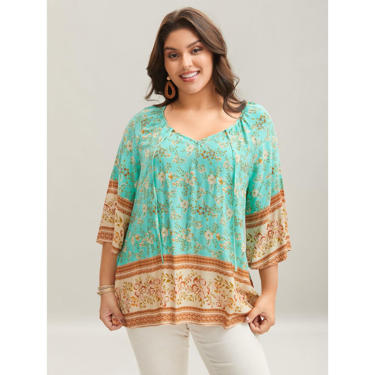 Plus Size Malachitegreen Boho Print Neck Ties Relaxed Fit Shirt Women Boho Elbow-length sleeve V-neck Vacation Blouses BloomChic 12/L Product Image