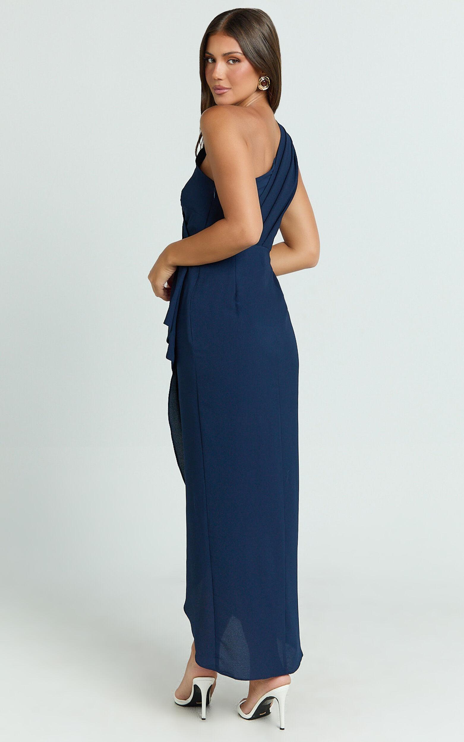 Namaari Midi Dress - Faux Wrap One Shoulder Dress in Navy Product Image