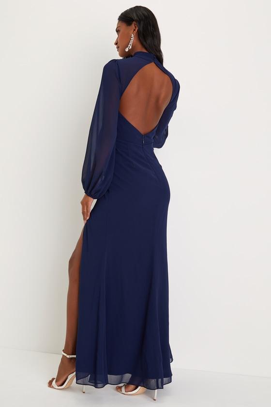 Graceful Entrance Navy Blue Long Sleeve Backless Maxi Dress Product Image