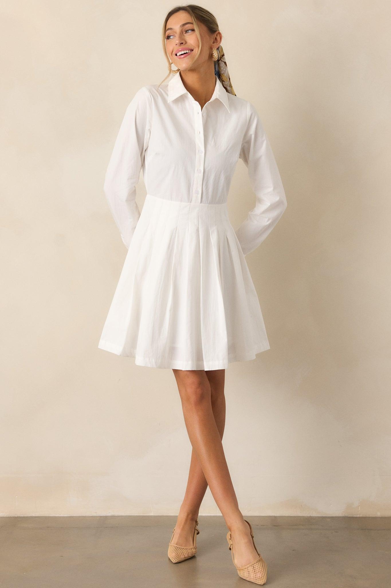 Easy On Me Cotton White Long Sleeve Mini Shirt Dress Product Image
