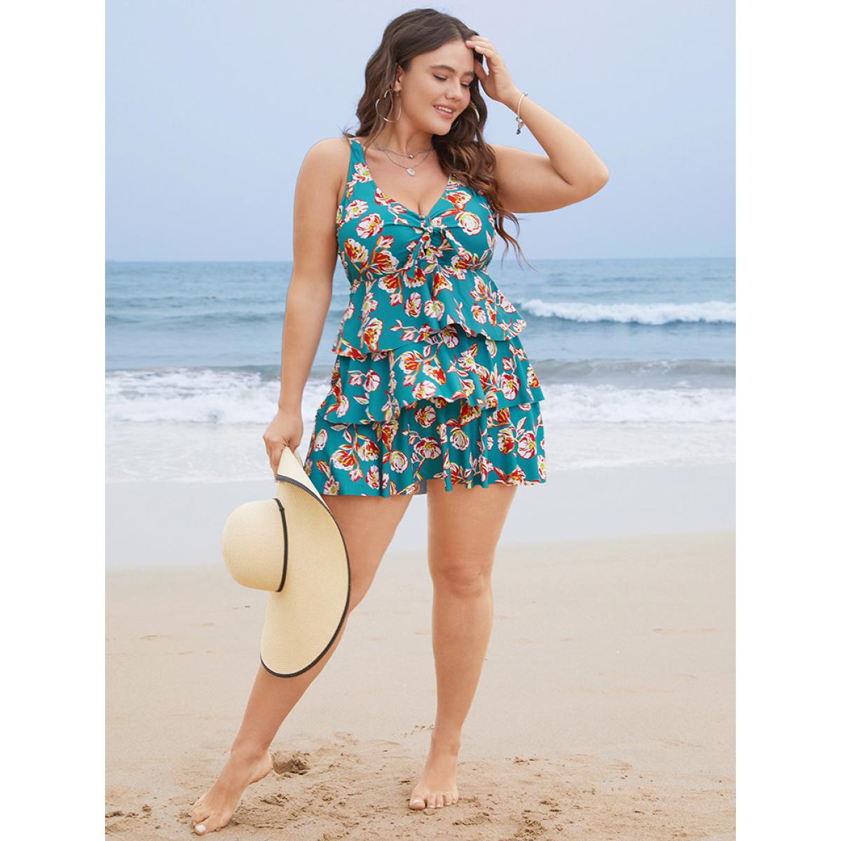 Plus Size Floral Adjustable Straps Knotted Ruched Ruffle Tiered Swim Dress Women's Swimwear Cerulean Vacation Bodycon V-neck High stretch Curve Swim Dresses BloomChic 26/4X Product Image