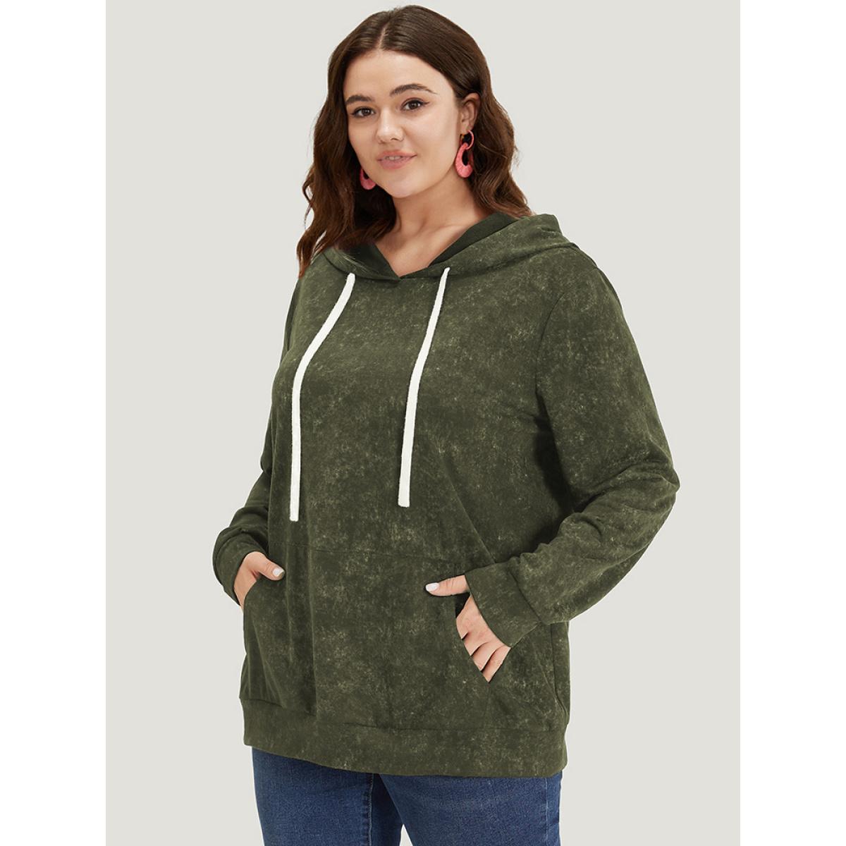 Plus Size Hooded Ties Pocket Elastic Cuffs Sweatshirt Women ArmyGreen Casual Elastic cuffs Hooded Dailywear Sweatshirts BloomChic 10/M Product Image