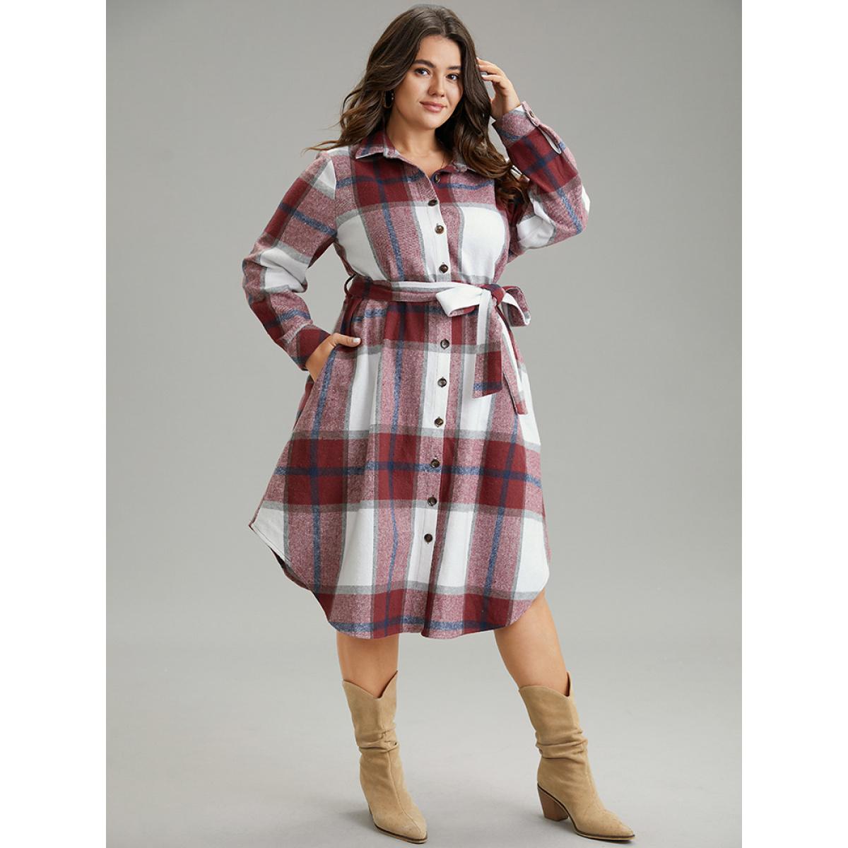 Plus Size Plaid Shirt Collar Button Through Belted Dress Scarlet Women Casual Belted Shirt collar Long Sleeve Curvy Midi Dress BloomChic 12/L Product Image