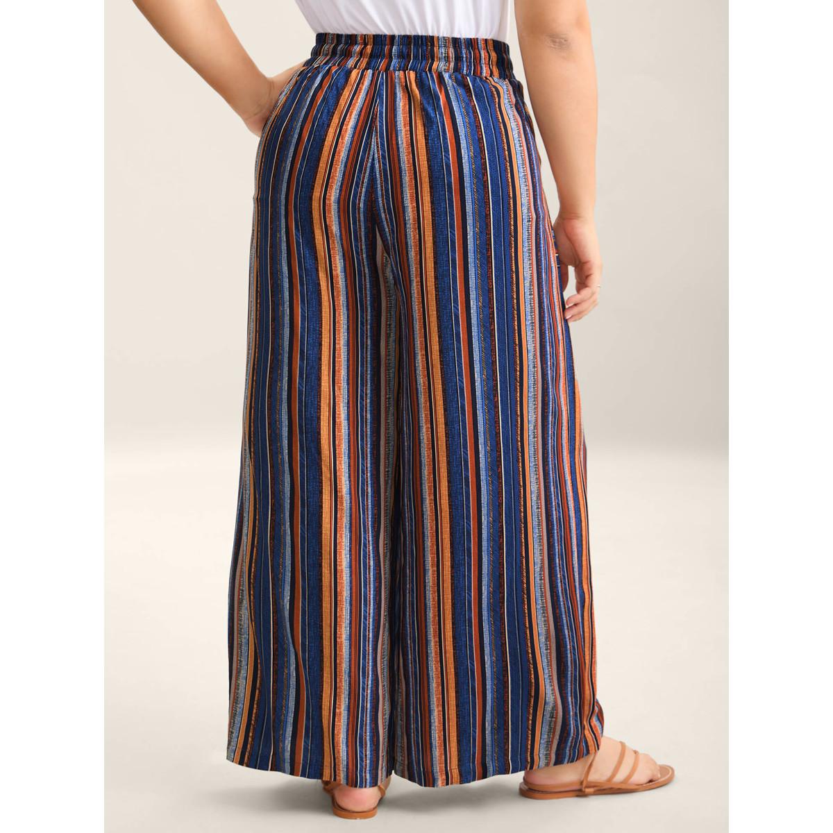 Plus Size Boho Stripes Drawstring Wide-Leg Pants Women Multicolor Boho Wide Leg Mid Rise Vacation Pants BloomChic 26/4X Product Image