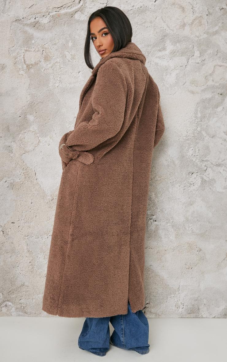 Petite Taupe Borg Double Breasted Maxi Coat Product Image