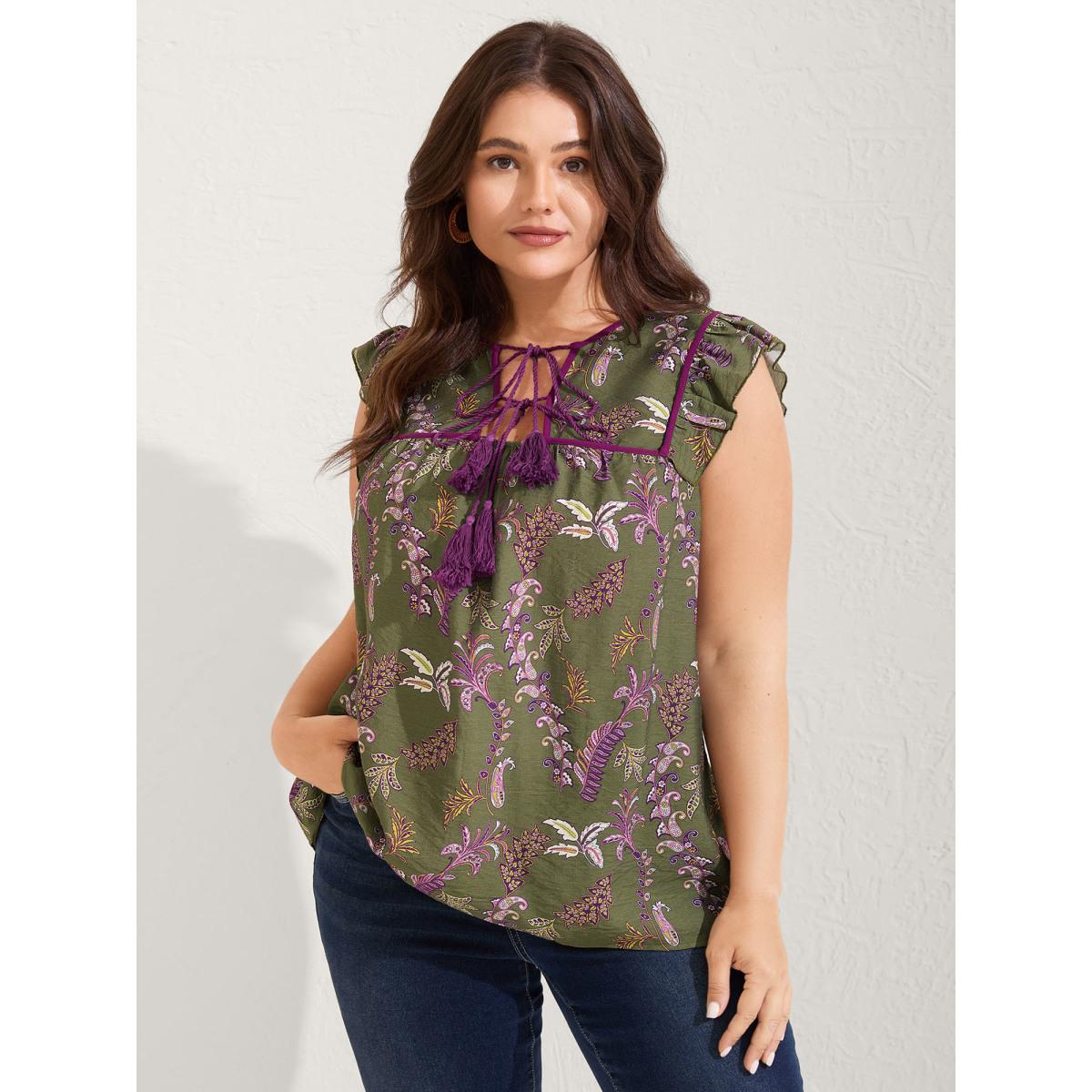 Plus Size Moss Paisley Print Color Contrast Flowy Blouse Women Boho Cap Sleeve Asymmetrical Neck Vacation Blouses BloomChic 10/M Product Image