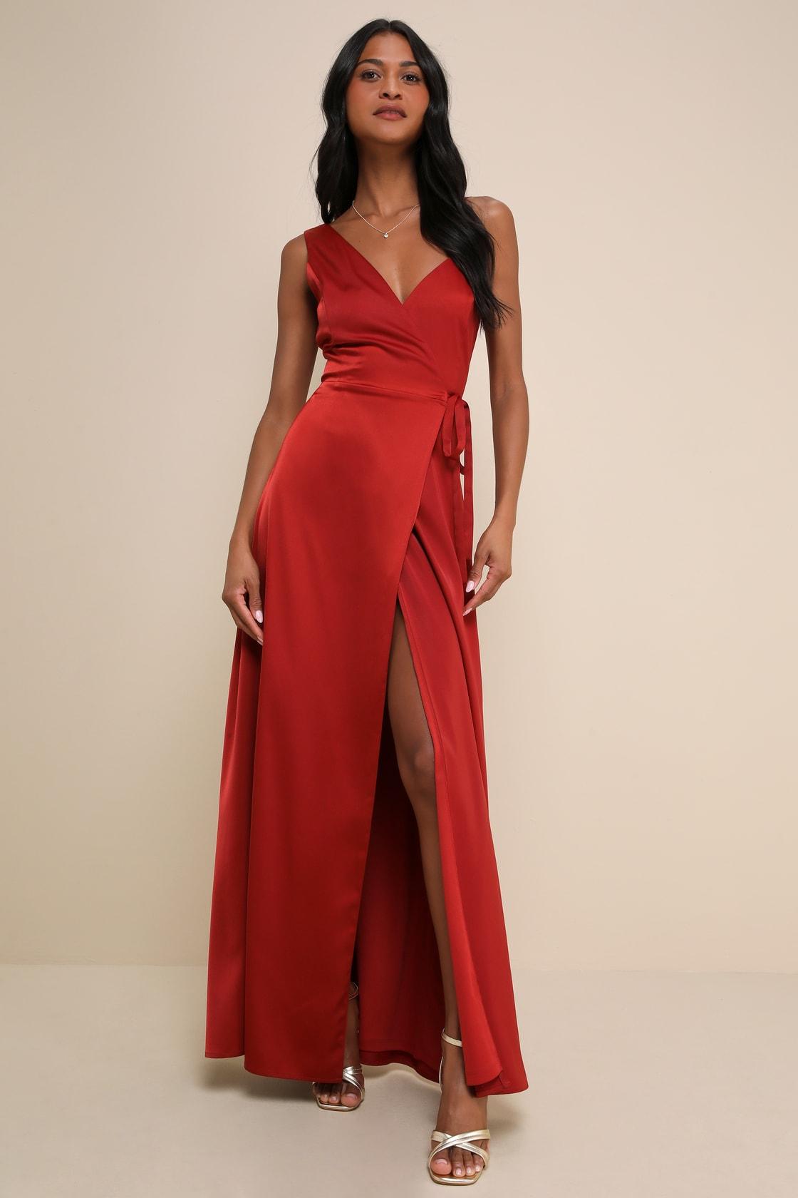 Poised Sophistication Rust Red Satin Wrap Maxi Dress Product Image