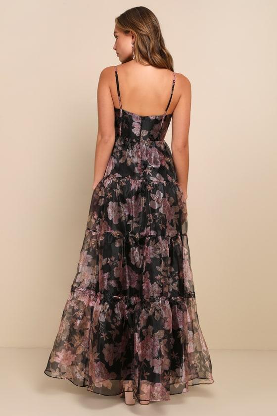 Exclusive Glamour Black Floral Organza Tiered Maxi Dress Product Image