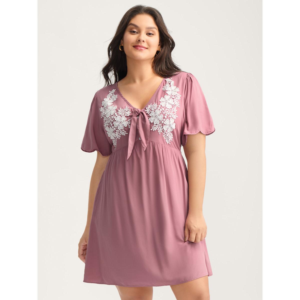 Plus Size Rayon Bodice Embroidered Patchwork Knot Midi Dress DustyPink Women V-neck Short sleeve Curvy BloomChic 10/M Product Image
