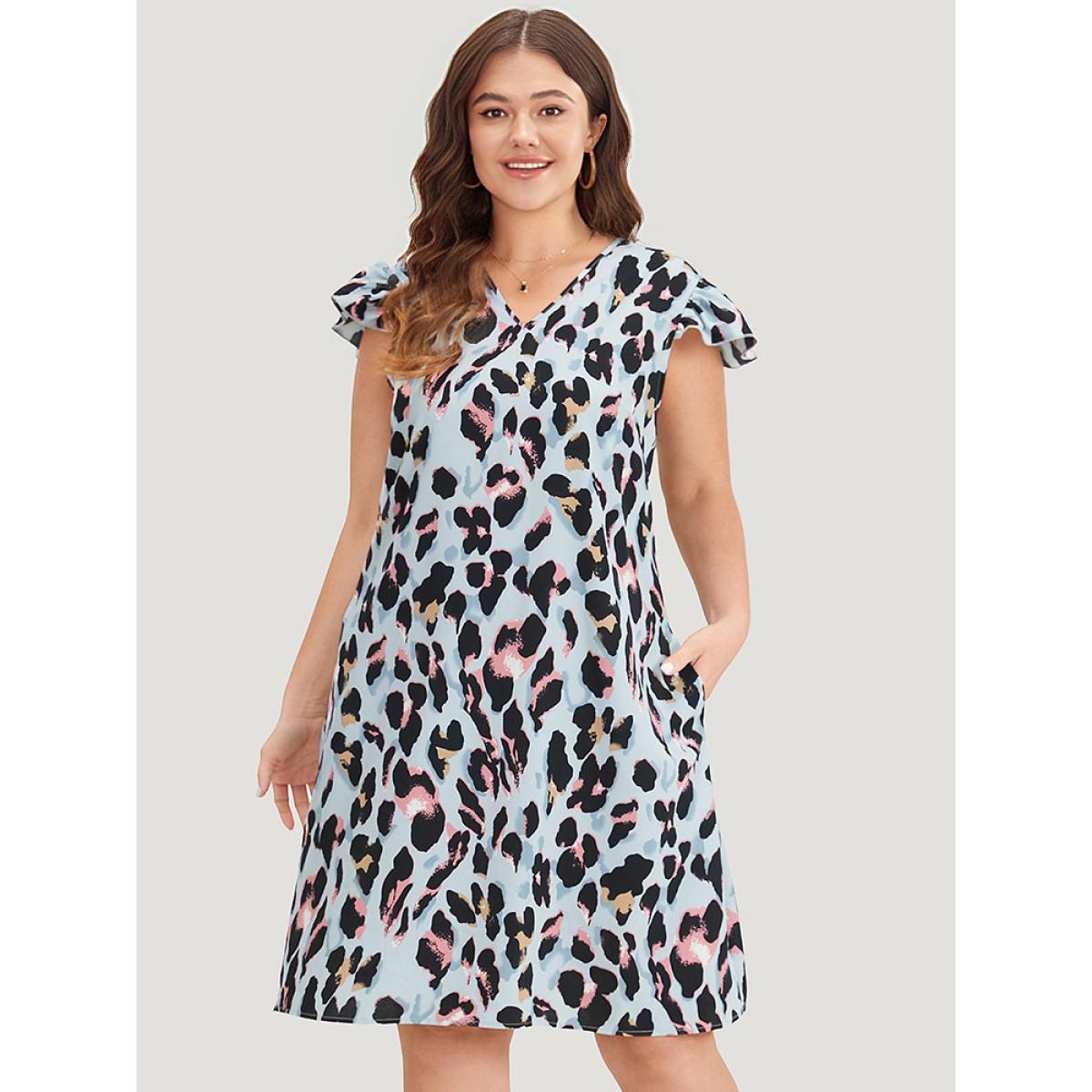Plus Size Colour Leopard Print Pocket Ruffle Cap Sleeve Dress LightBlue Women Elegant V-neck Cap Sleeve Curvy Knee Dress BloomChic 18-20/2X Product Image
