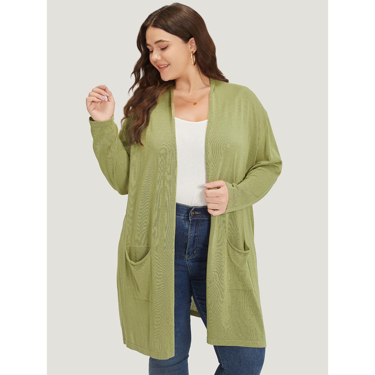 Plus Size Solid Patched Pocket Open Front Tunic Cardigan Moss Women Casual Loose Long Sleeve Dailywear Cardigans BloomChic 10/M Product Image