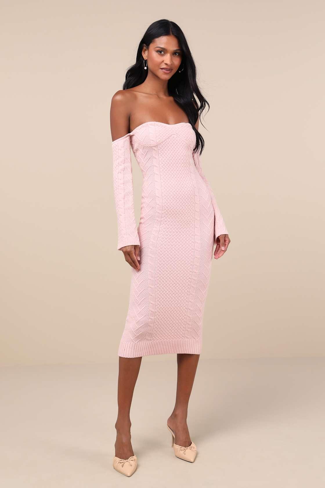 Cuddly Element Light Pink Cable Knit Off-the-Shoulder Midi Dress Product Image