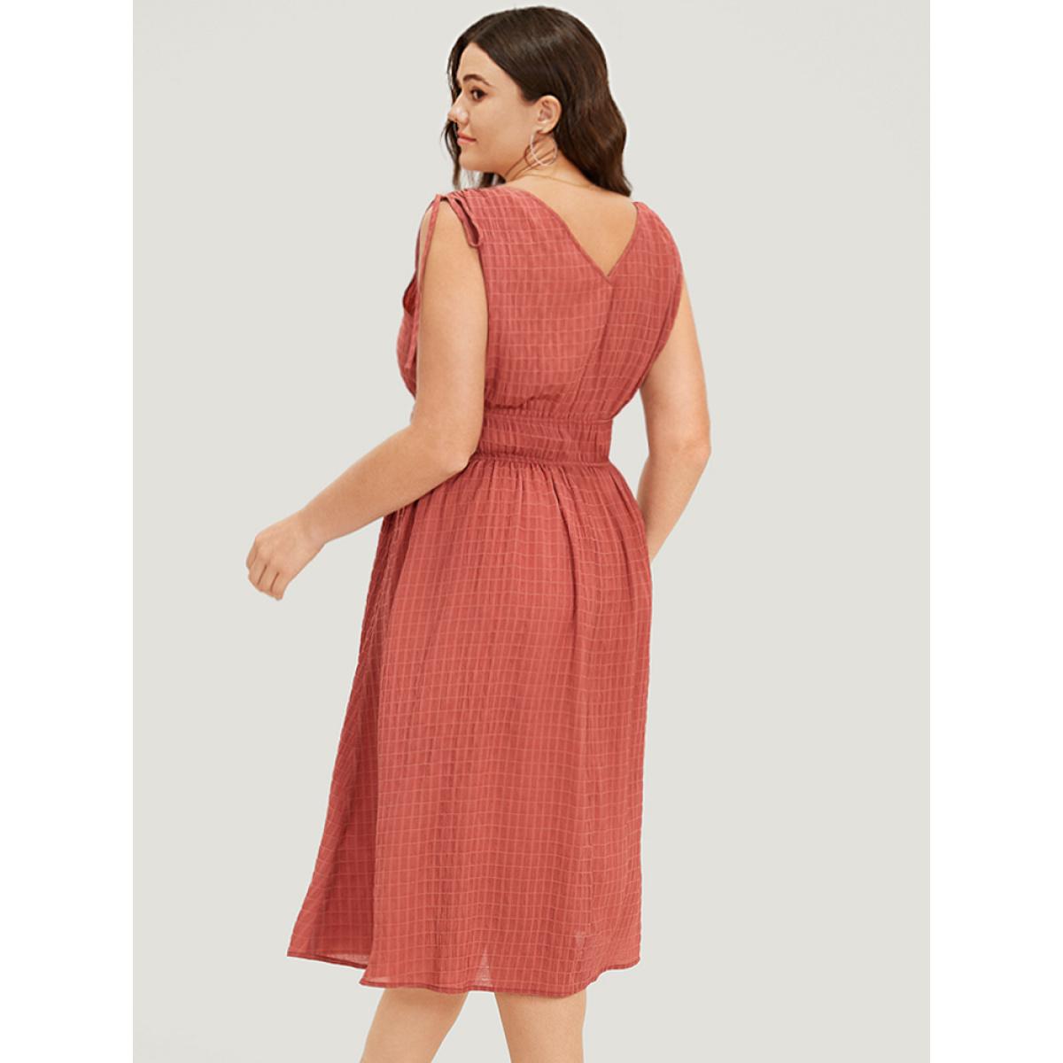 Plus Size V Neck Drawstring Sleeveless Pocket Elastic Waist Dress Coral Women Elegant Gathered V-neck Sleeveless Curvy Midi Dress BloomChic 12/L Product Image