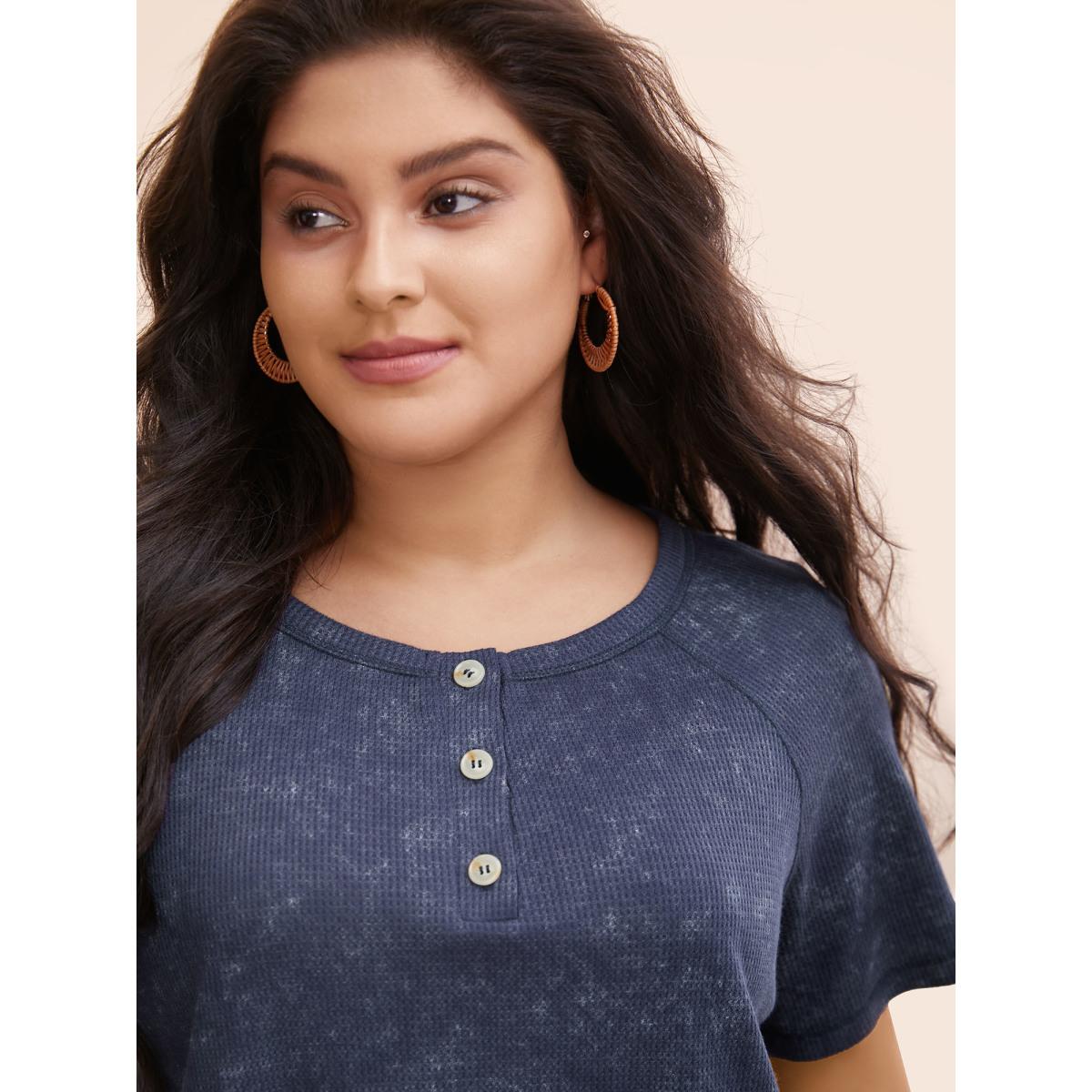Plus Size Waffle Weathering Front Placket T-shirt Indigo Women Casual Button Round Neck Everyday T-shirts BloomChic 12/L Product Image