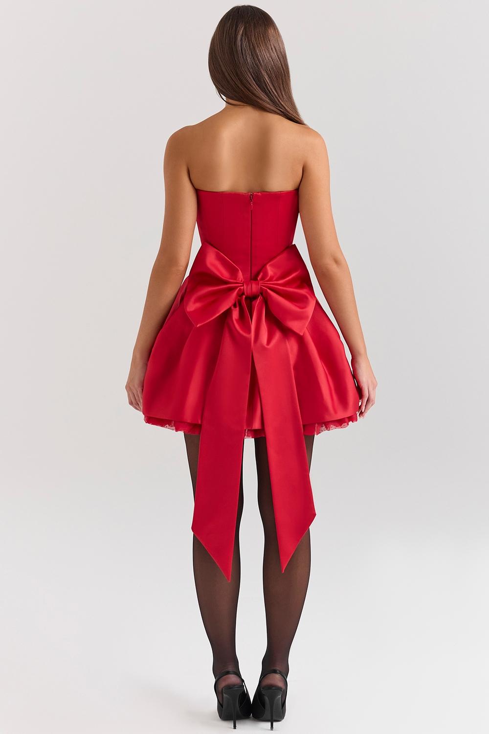 Salome  holly red satin detachable bow mini dress Product Image