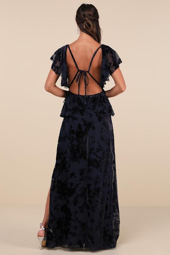 Romantic Wonder Navy Burnout Velvet Ruffled Tie-Back Maxi Dress Product Image