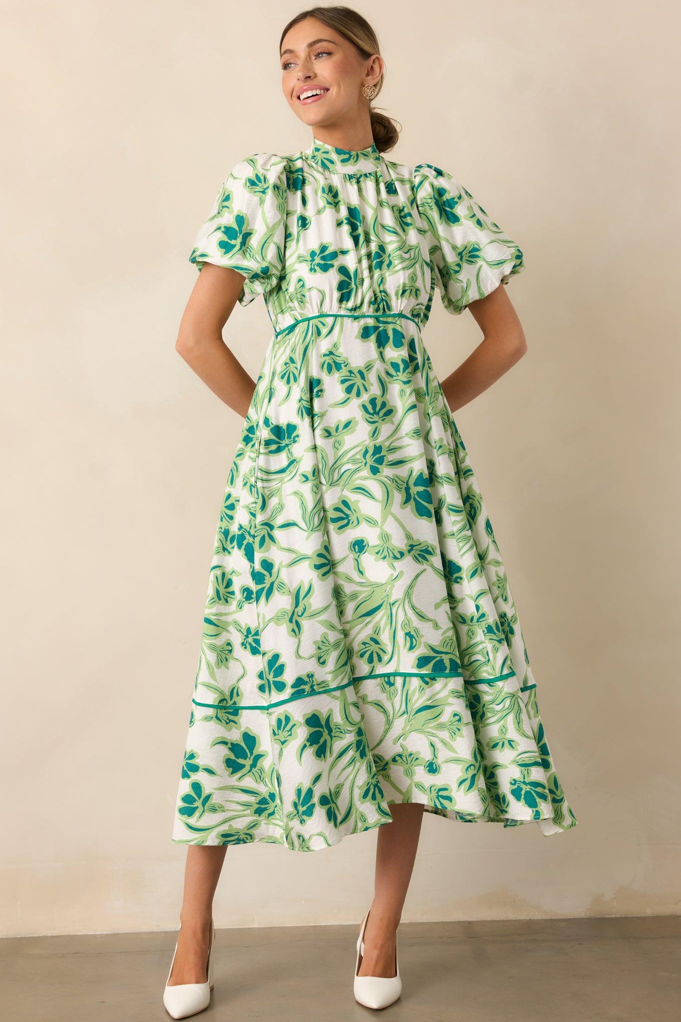 Blooming Season Green Floral Puff Sleeve Midi Dress Product Image