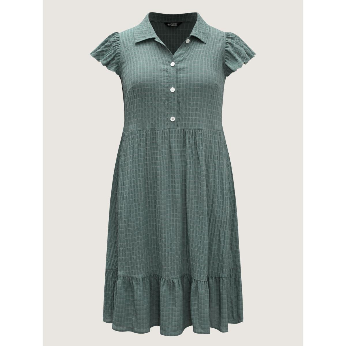 Plus Size Textured Pockets Collar Flutter Sleeve Midi Dress Moss Women Leisure Shirt collar Cap Sleeve Curvy BloomChic 28/5X Product Image