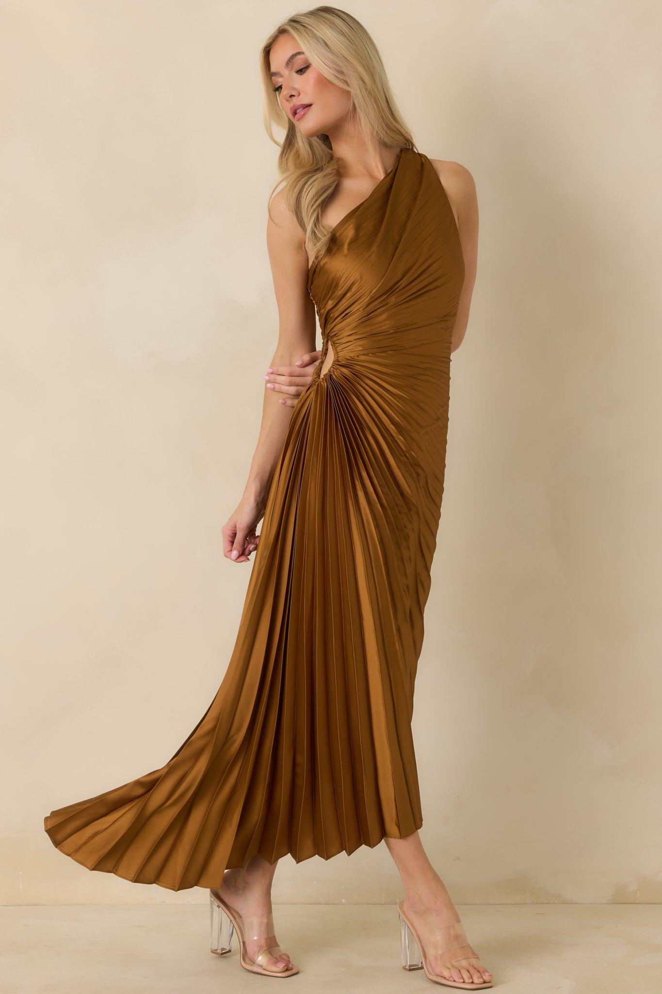 Poetic Charm Bronze Asymmetric One Shoulder Maxi Dress L / Bronze Product Image
