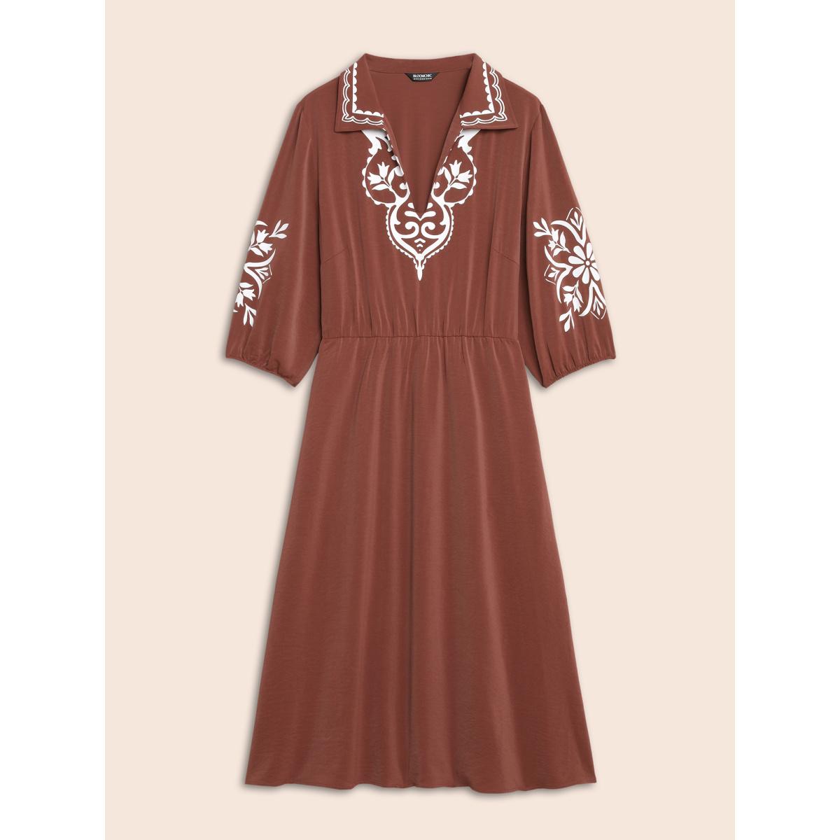 Plus Size Precision Printing Waist-Cinching Midi Dress Rust Women Resort Contrast Lapel Collar Elbow-length sleeve Curvy BloomChic 22-24/3X Product Image
