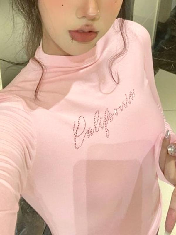 Letter Rhinestone Print Mock Neck Long Sleeve Tee Product Image