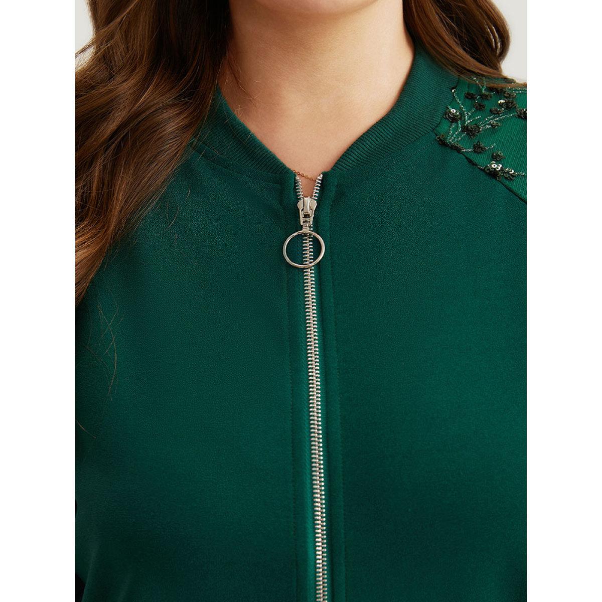 Plus Size Embroidered Patchwork Mesh Zipper Jacket Women Green Elastic cuffs Dailywear Jackets BloomChic 22-24/3X Product Image