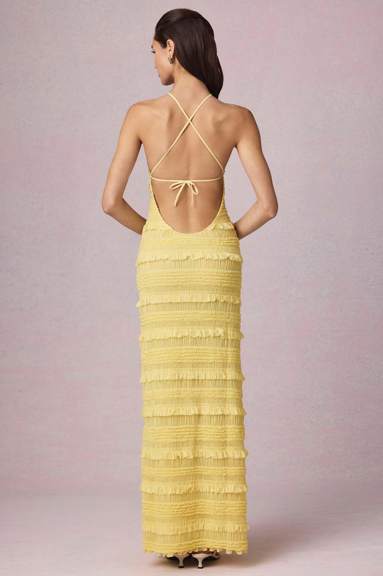 Ruffled Backless Halterneck Maxi Dress in Lemon Yellow Product Image