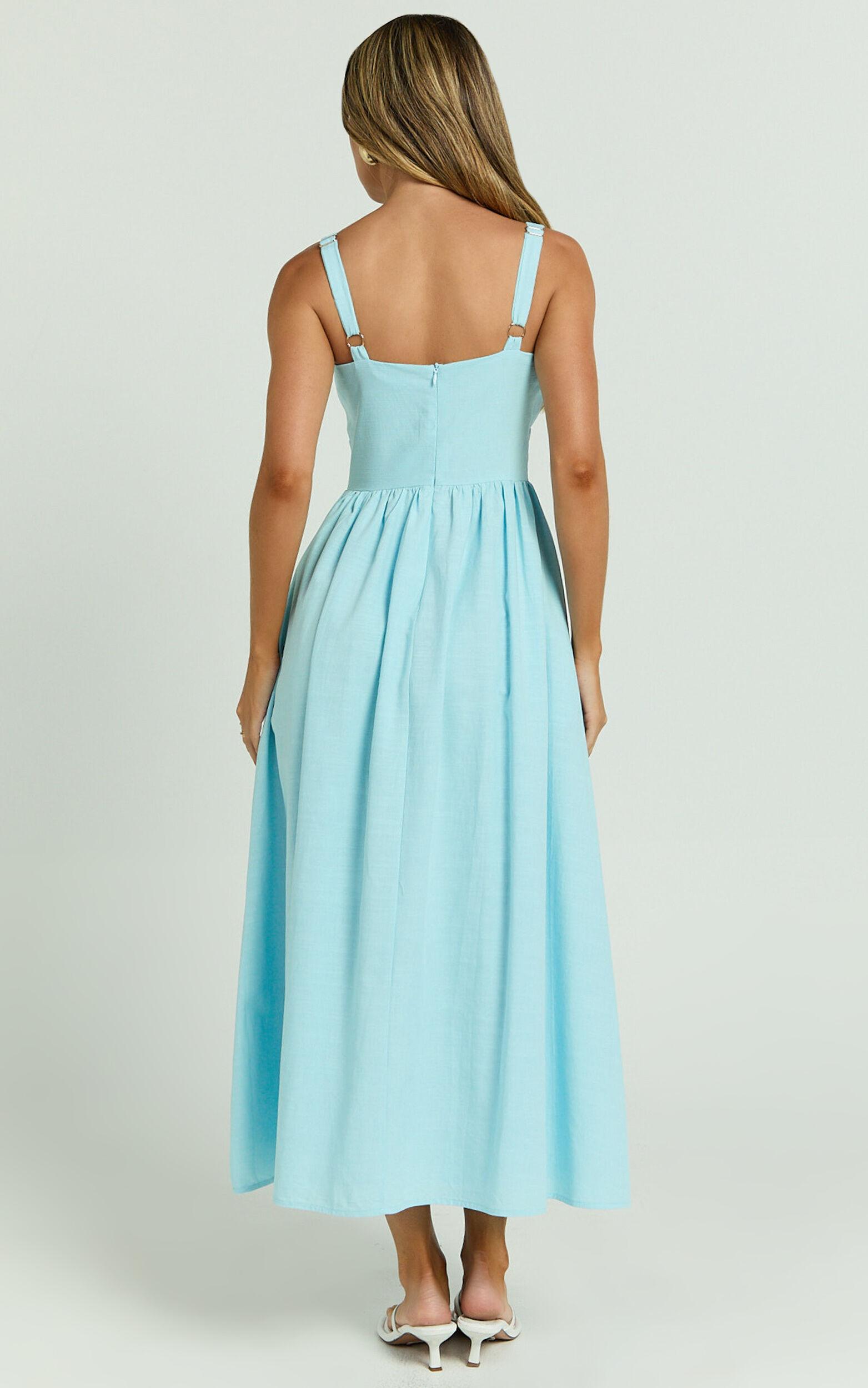 Haylee Midi Dress - Corset Waist Gathered Bust Dress in Blue Product Image