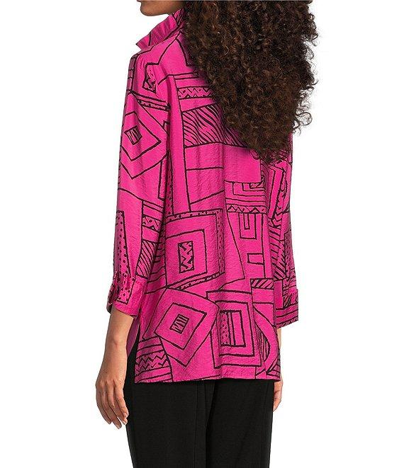 Ali Miles Printed Wire Collar 3/4 Sleeve Button Front Side Slit Tunic Product Image