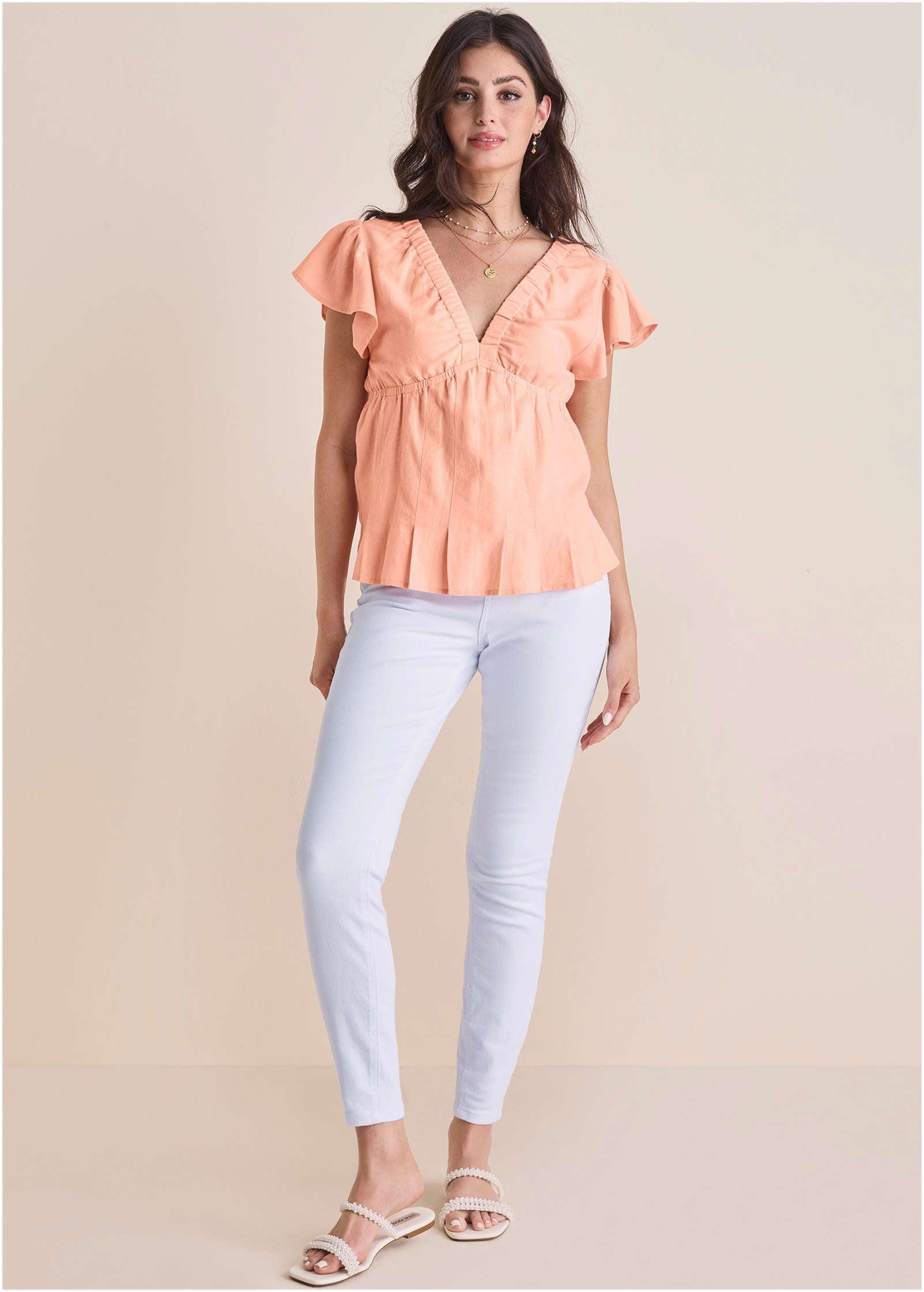 Linen V-Neck Blouse - Peach Product Image