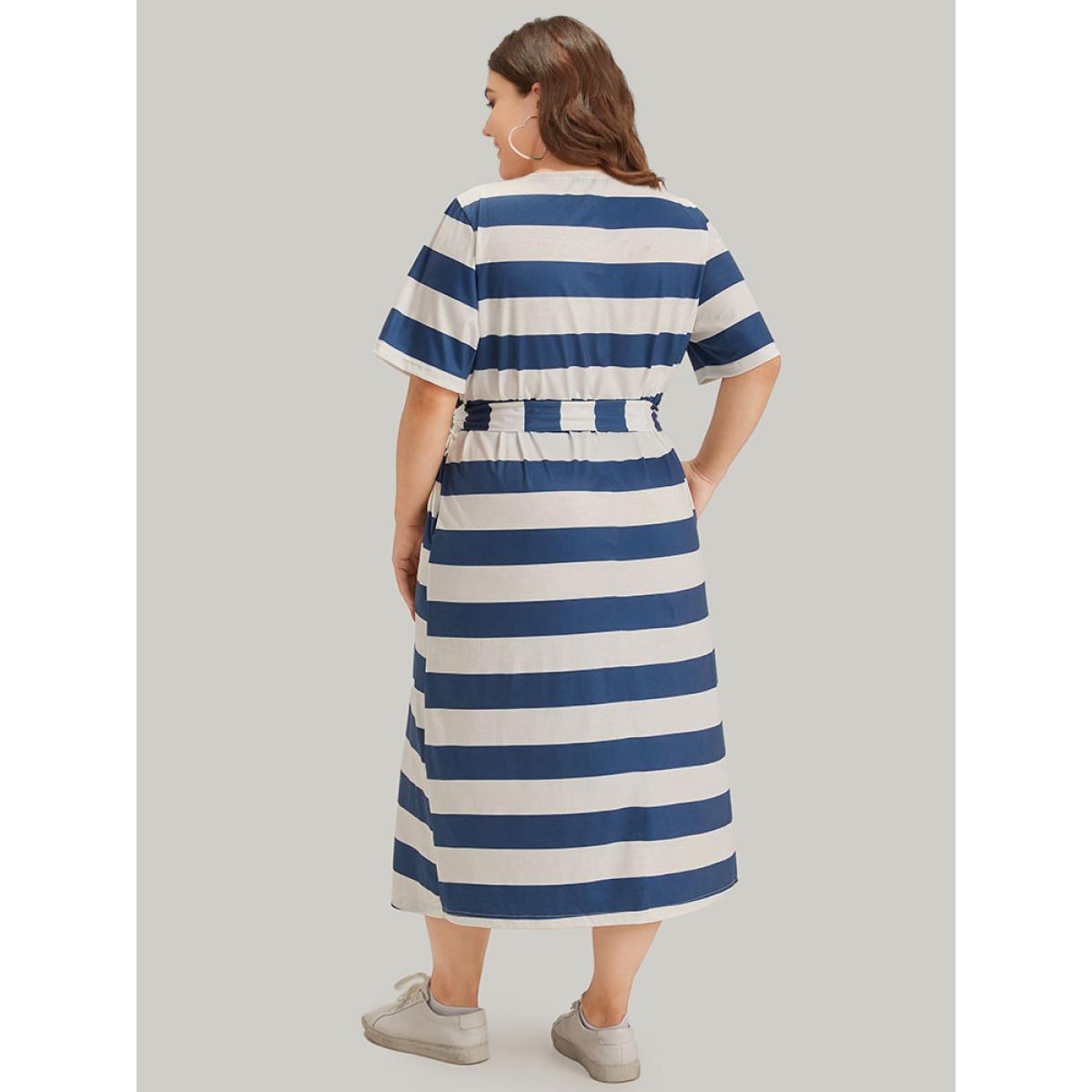 Plus Size Striped Ties Pocket Crew Neck Dress Cerulean Women Casual Belted Round Neck Short sleeve Curvy Midi Dress BloomChic 26/4X Product Image