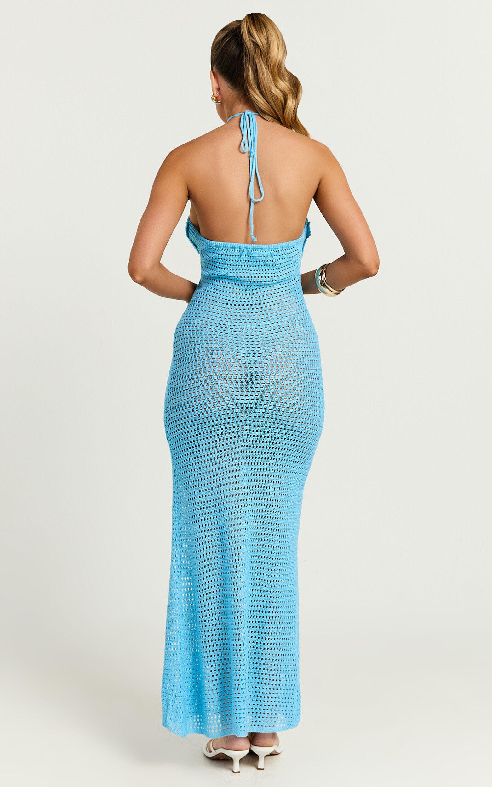 Emalene Maxi Dress - Crochet Floral Detail Dress in Blue Product Image