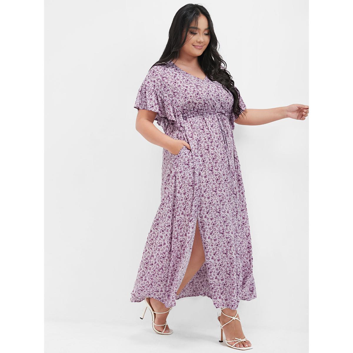 Plus Size Ditsy Floral Ruffles Pocket Button Split Maxi Dress Plum Women Elegant Printed V-neck Cap Sleeve Curvy Long Dress BloomChic 22-24/3X Product Image