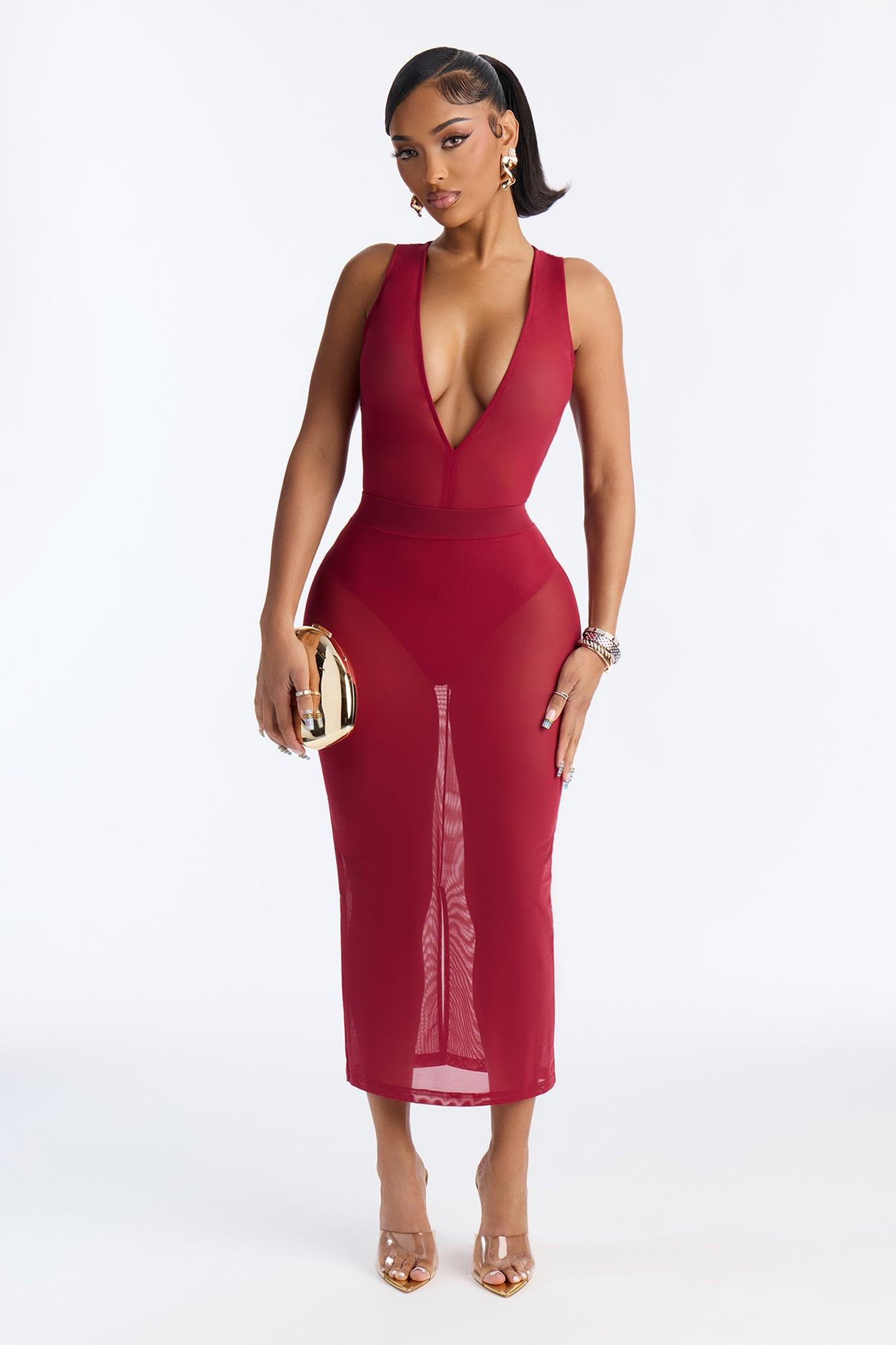 Power Mesh Deep V Neck Sleeveless Bodysuit - DarkRed Female Product Image
