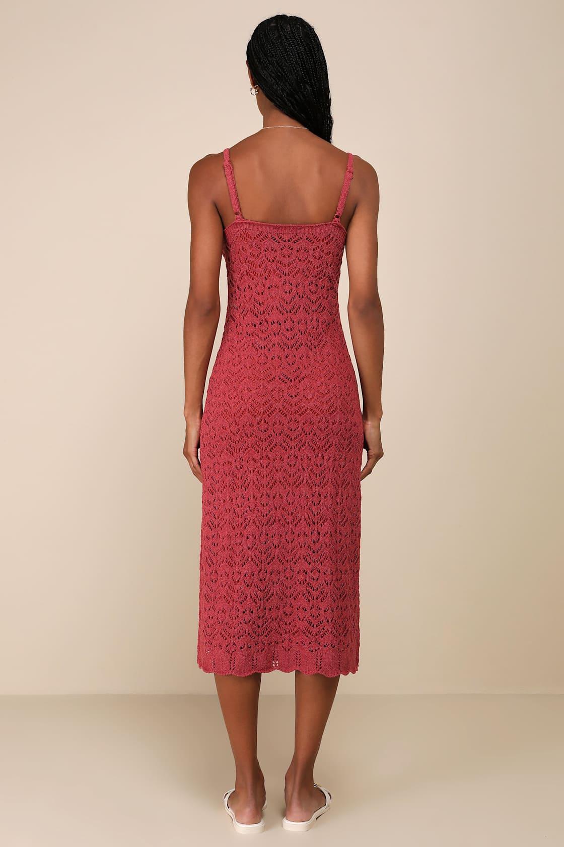 Sunset Vibes Rust Red Crochet Sleeveless Midi Dress Product Image