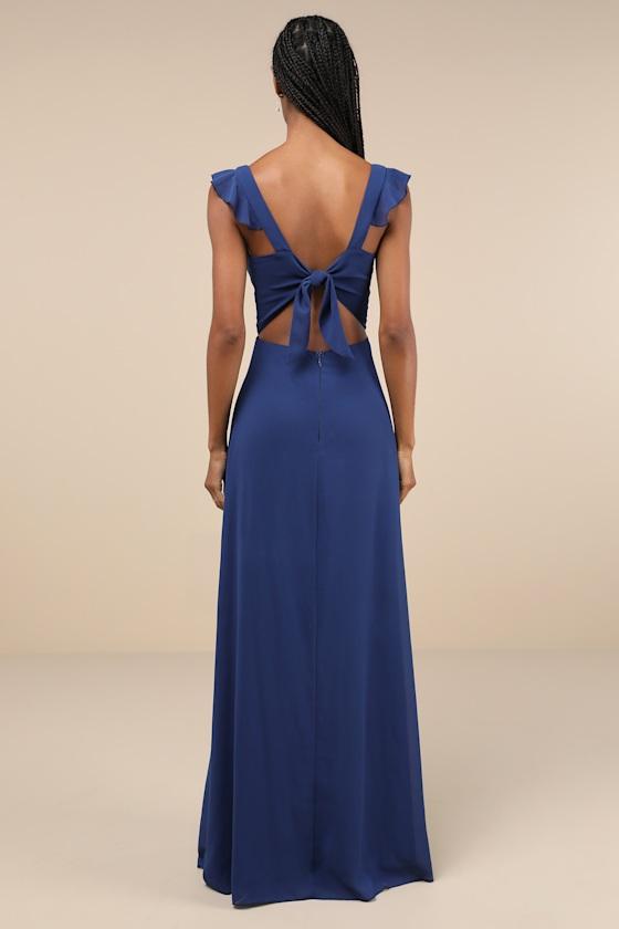 Delightful Loveliness Dark Blue Ruffled Tie-Back Maxi Dress Product Image