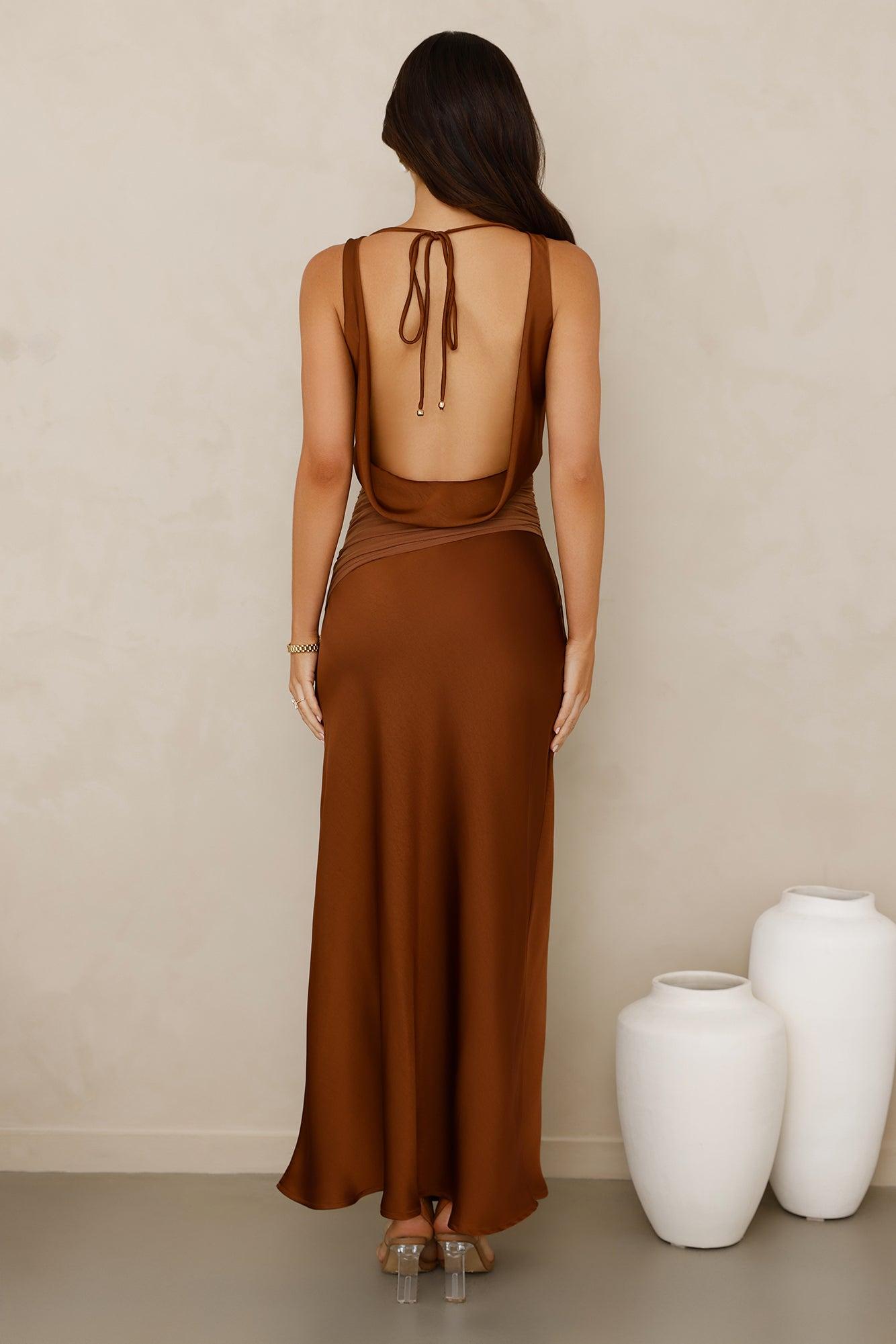 Celestial Spark Satin Maxi Dress Brown Product Image