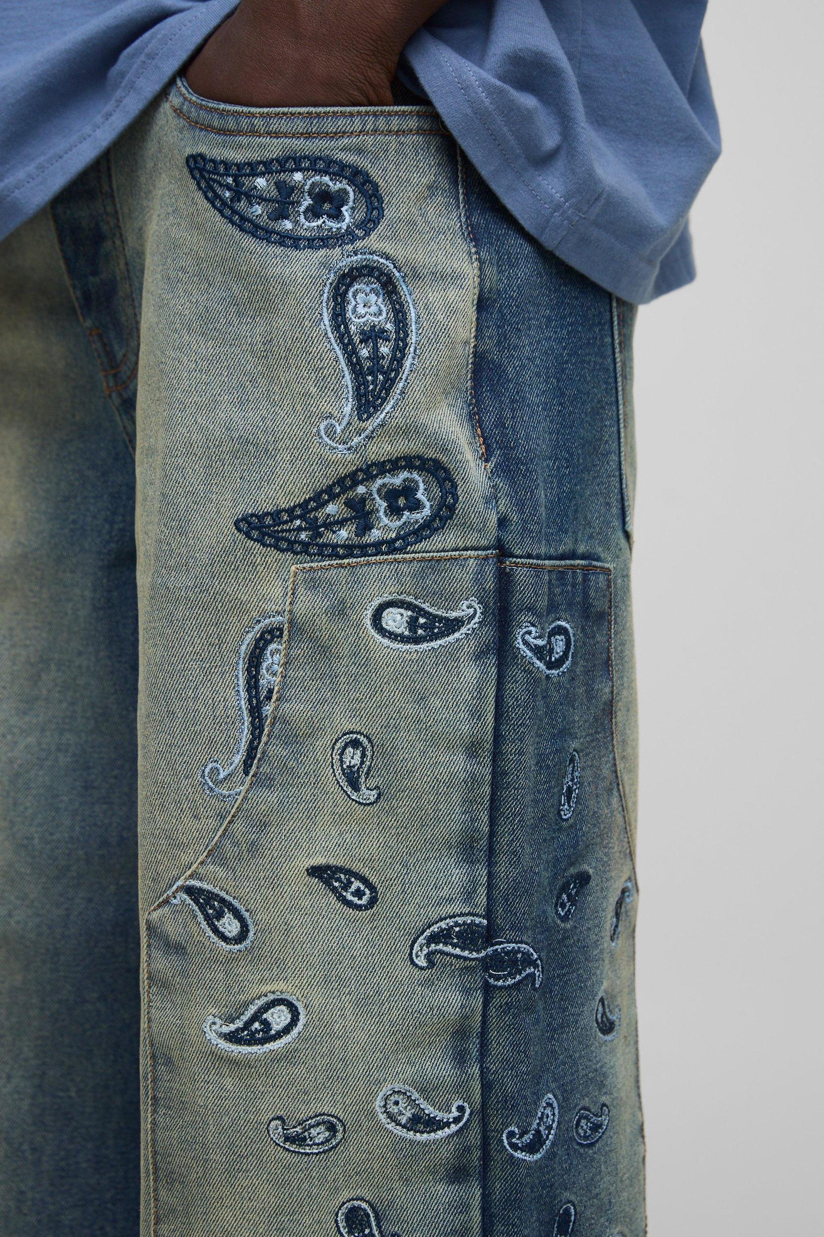 Relaxed Fit Paisley Embroidered Jeans | boohooMAN USA Product Image