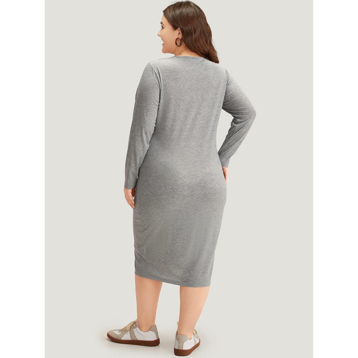 Plus Size Two Tone V Neck Button Detail Split Front Dress LightGray Women Casual Plain V-neck Half Sleeve Curvy Midi Dress BloomChic 30/6X Product Image