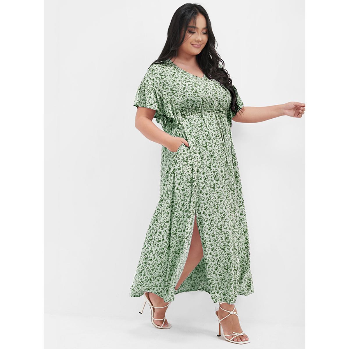 Plus Size Ditsy Floral Ruffles Pocket Button Split Maxi Dress LightGreen Women Elegant Printed V-neck Cap Sleeve Curvy Long Dress BloomChic 30/6X Product Image