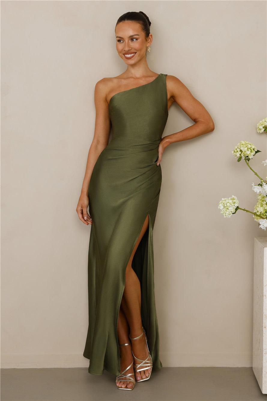 The Aurora One Shoulder Satin Maxi Dress Olive Product Image