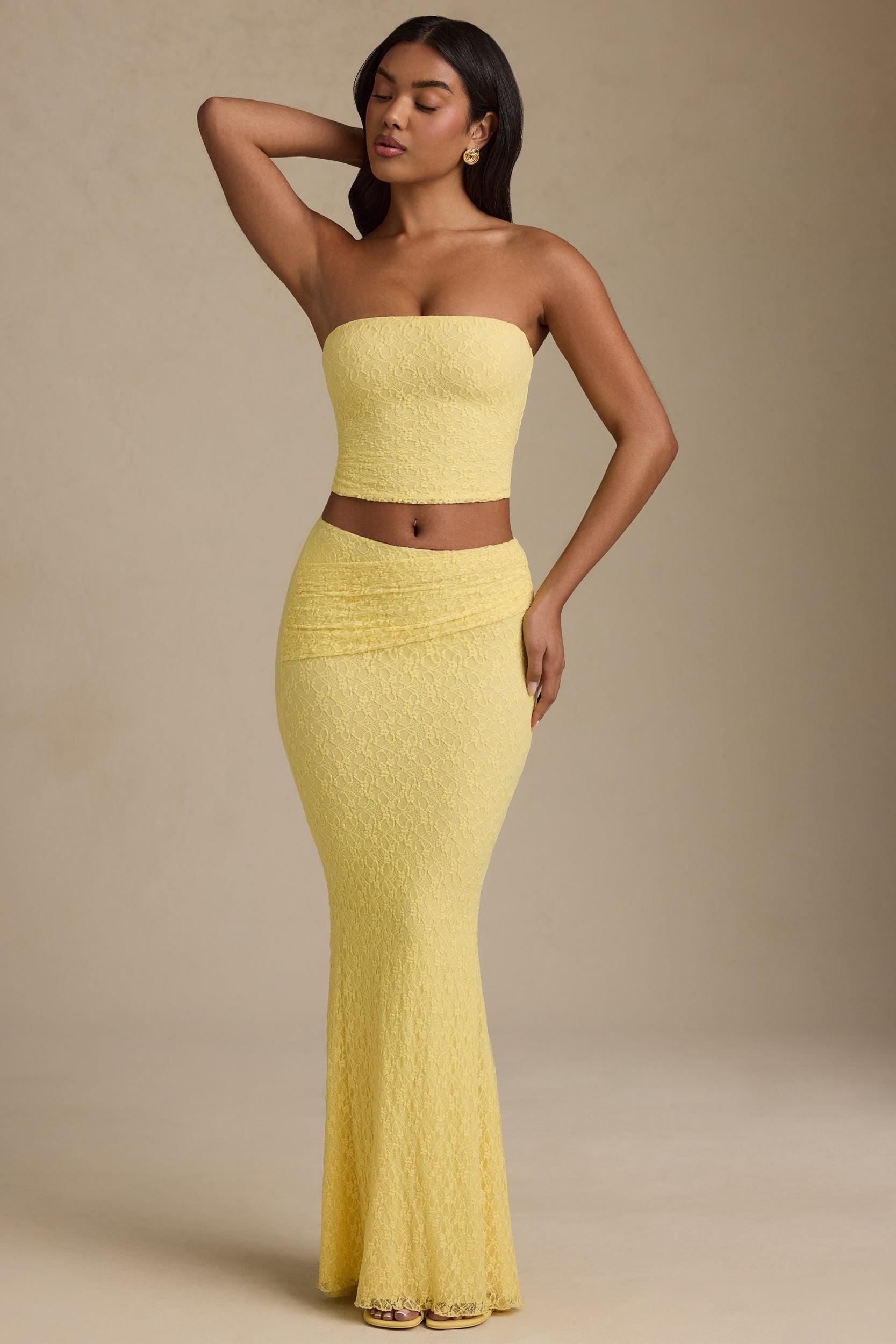Draped Low-Rise Lace Maxi Skirt in Pastel Yellow Product Image