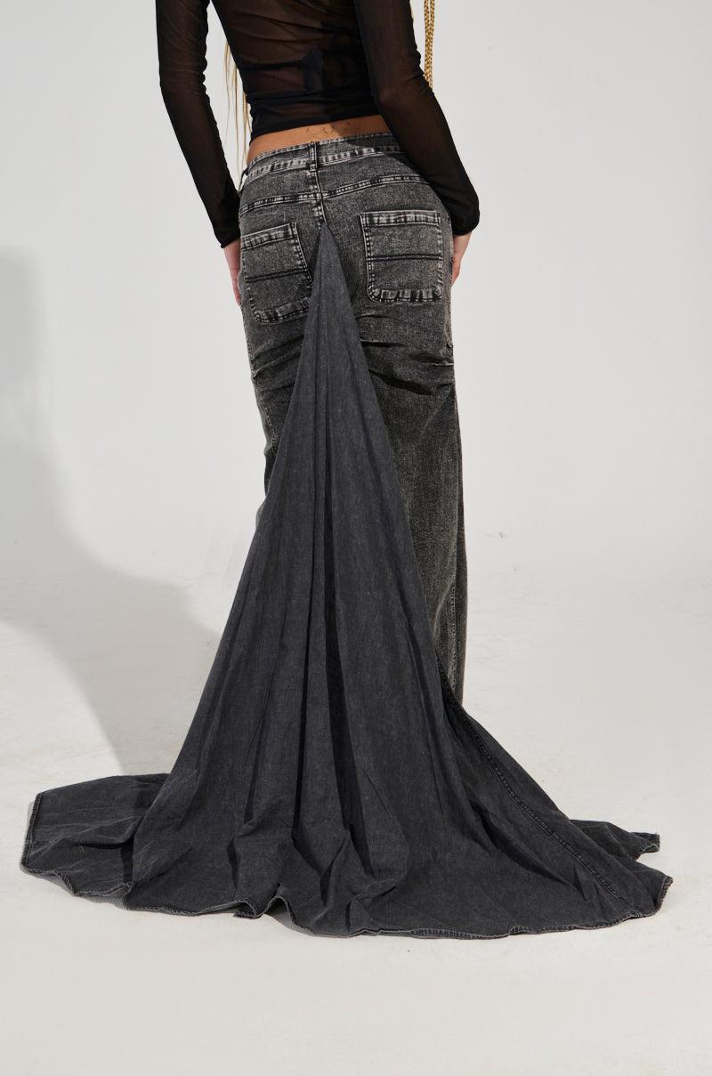 OH THE DRAMA DENIM MAXI SKIRT WITH TRAIN IN GREY Product Image
